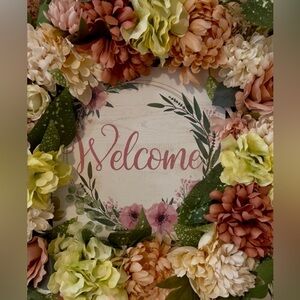 Charming Floral Welcome Wreath with Cream and Pink Blooms